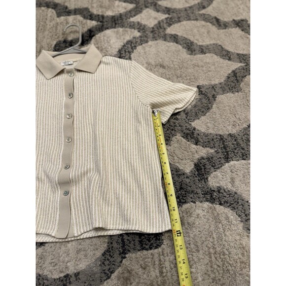 Linea Moda Italy Beige Button Down Knit Shirt M Glitter Thread Short Sleeve - Picture 10 of 10